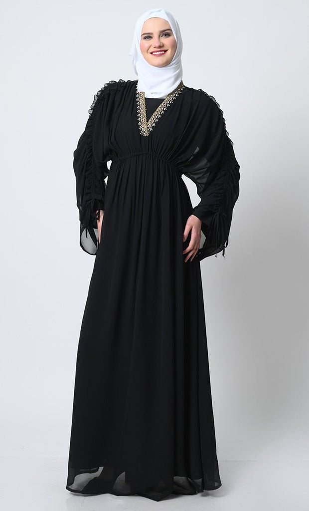 Elegant Georgette Abaya – Adjustable Sleeves, Elastic Waist, V - Neck with Satin slip - EastEssence.com