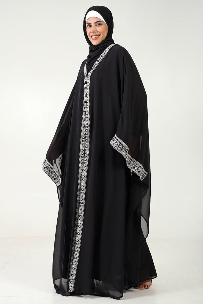 Elegant Georgette Kaftan Abaya with Cord Embroidery & Tassel Detailing - EastEssence.com