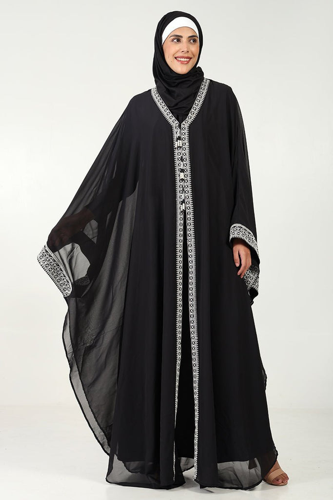 Elegant Georgette Kaftan Abaya with Cord Embroidery & Tassel Detailing - EastEssence.com