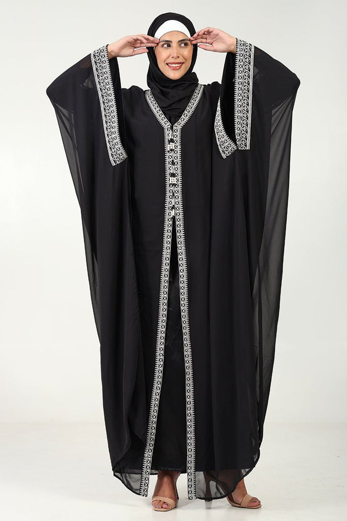 Elegant Georgette Kaftan Abaya with Cord Embroidery & Tassel Detailing - EastEssence.com