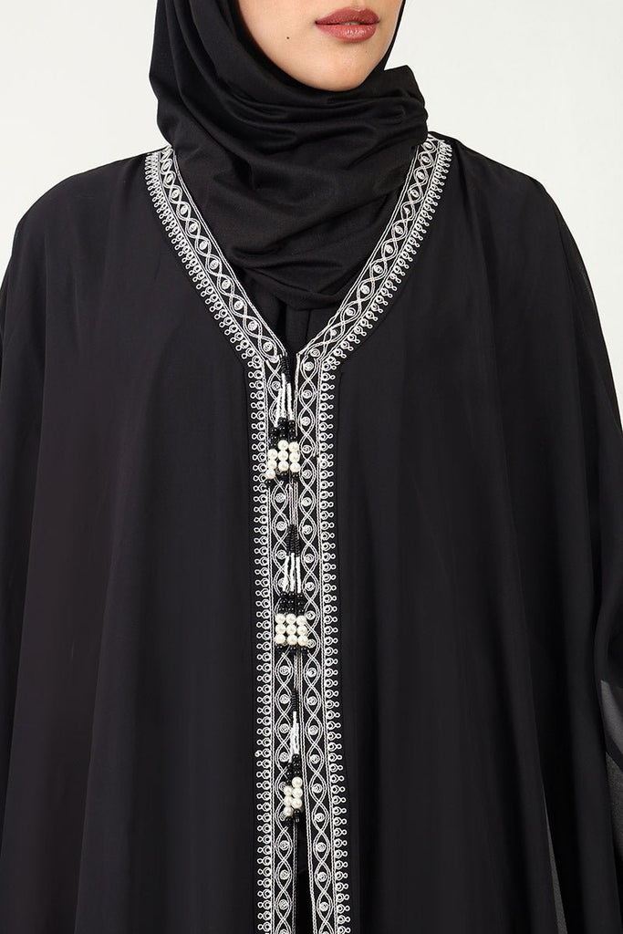 Elegant Georgette Kaftan Abaya with Cord Embroidery & Tassel Detailing - EastEssence.com