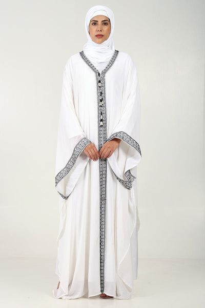 Elegant Georgette Kaftan Abaya with Cord Embroidery & Tassel Detailing - White - EastEssence.com