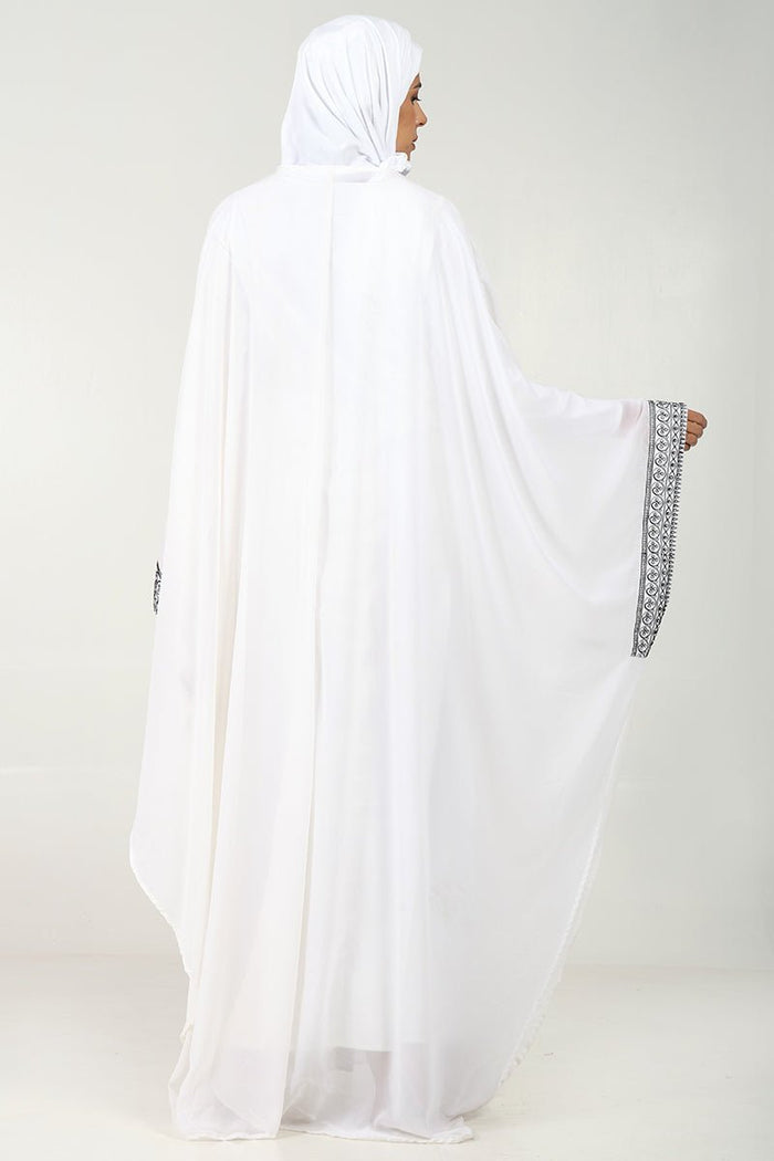 Elegant Georgette Kaftan Abaya with Cord Embroidery & Tassel Detailing - White - EastEssence.com