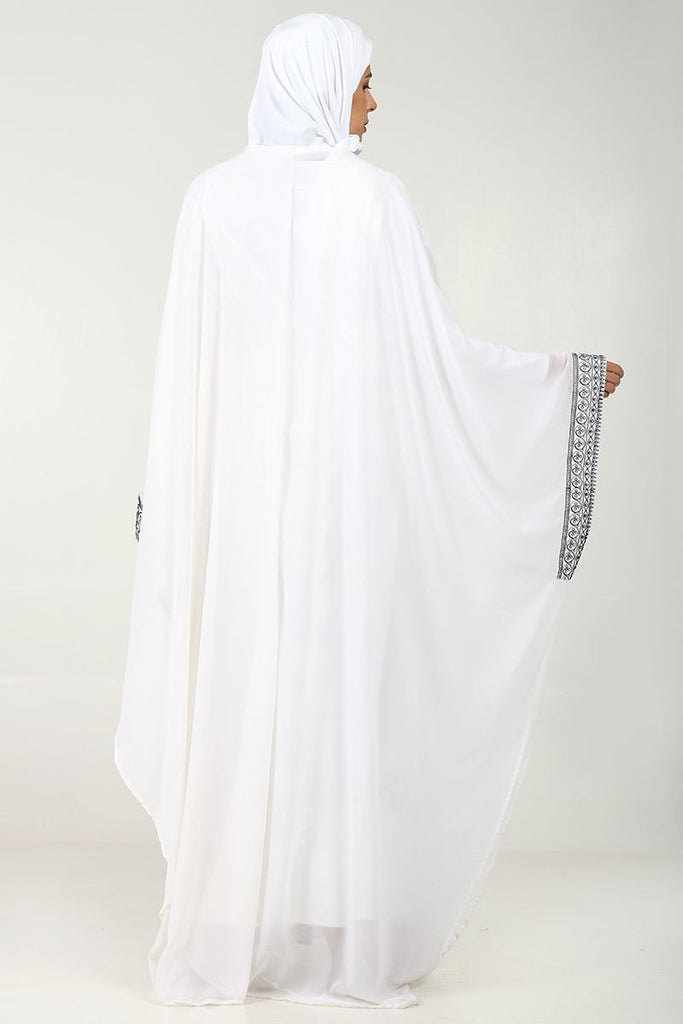 Elegant Georgette Kaftan Abaya with Cord Embroidery & Tassel Detailing - White - EastEssence.com