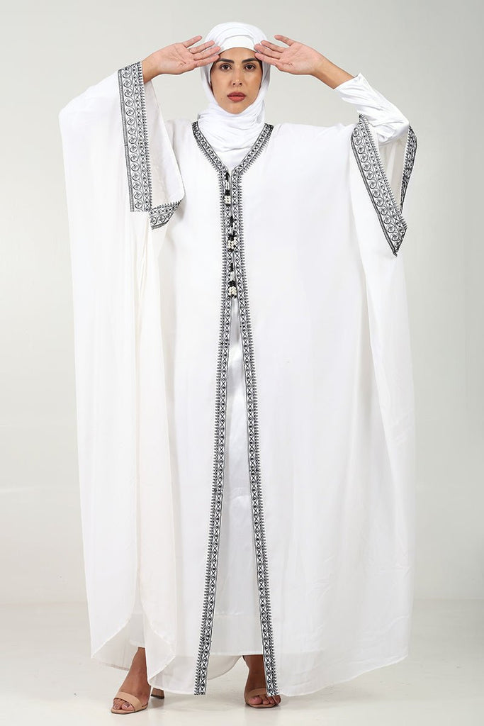 Elegant Georgette Kaftan Abaya with Cord Embroidery & Tassel Detailing - White - EastEssence.com