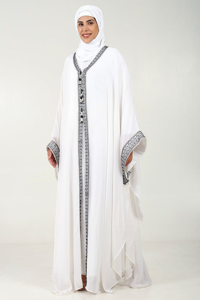 Elegant Georgette Kaftan Abaya with Cord Embroidery & Tassel Detailing - White - EastEssence.com