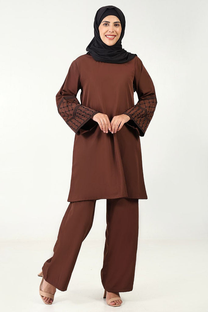 Elegant Kashibo 2 - Piece Kurta & Pant Set with Fine Embroidery - Brown - EastEssence.com