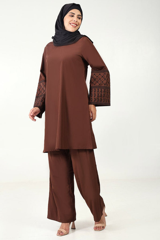 Elegant Kashibo 2 - Piece Kurta & Pant Set with Fine Embroidery - Brown - EastEssence.com