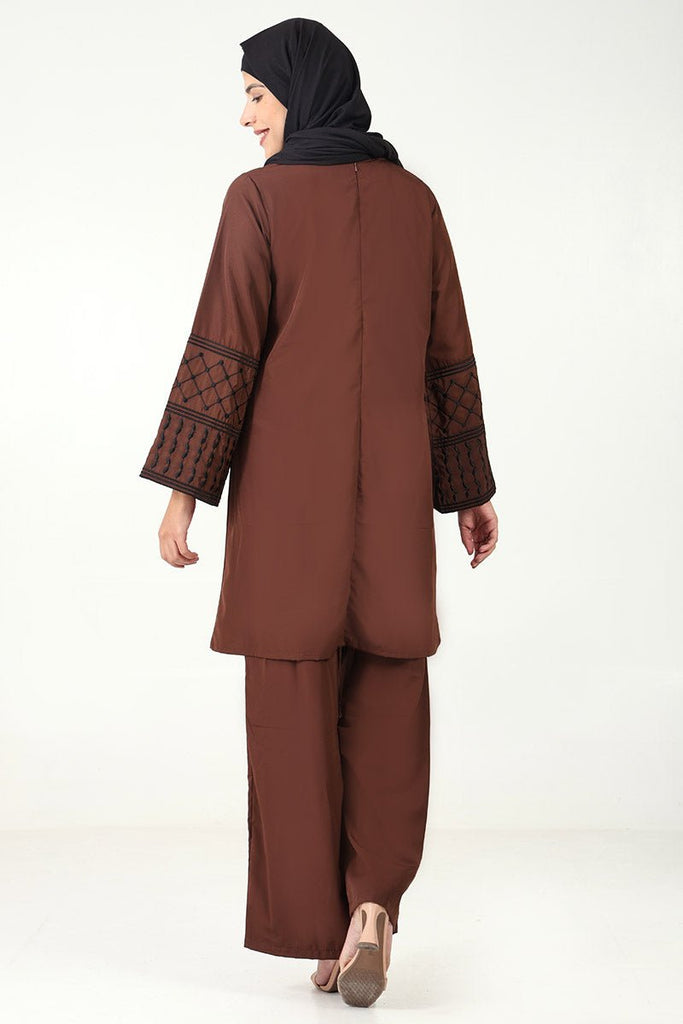 Elegant Kashibo 2 - Piece Kurta & Pant Set with Fine Embroidery - Brown - EastEssence.com