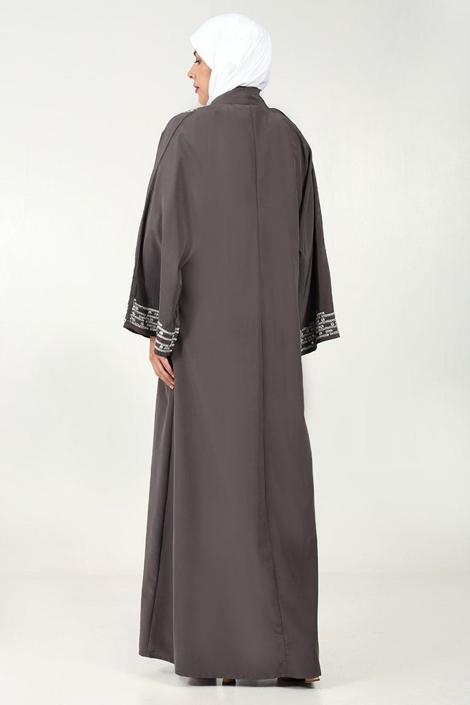 Elegant Kashibo Fabric 2 - Piece Abaya Set with Zigzag Embroidery - Grey - EastEssence.com