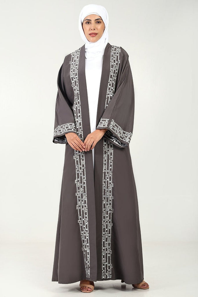 Elegant Kashibo Fabric 2 - Piece Abaya Set with Zigzag Embroidery - Grey - EastEssence.com