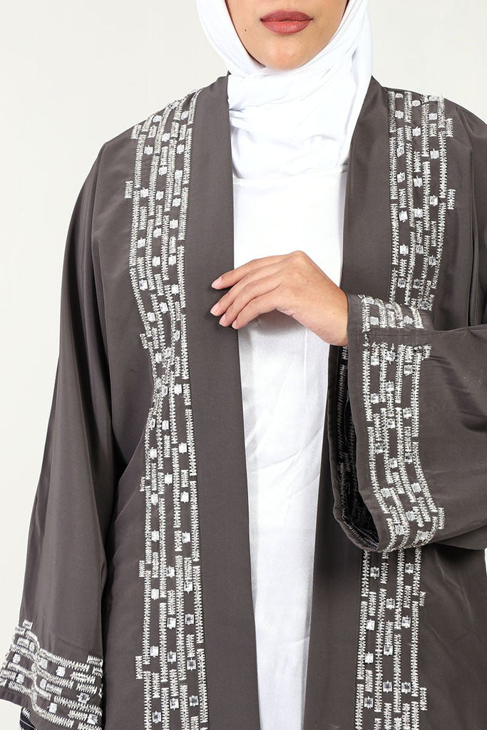 Elegant Kashibo Fabric 2 - Piece Abaya Set with Zigzag Embroidery - Grey - EastEssence.com