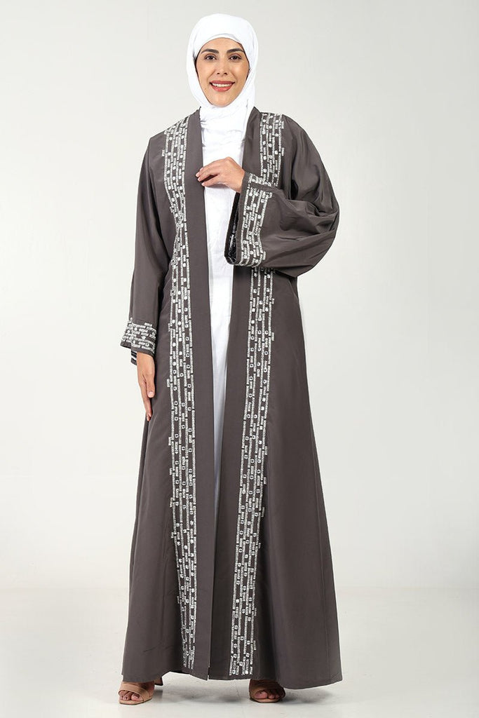 Elegant Kashibo Fabric 2 - Piece Abaya Set with Zigzag Embroidery - Grey - EastEssence.com