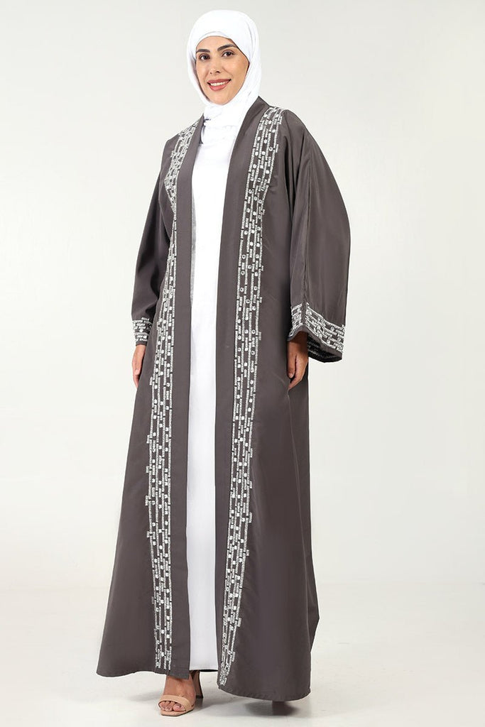 Elegant Kashibo Fabric 2 - Piece Abaya Set with Zigzag Embroidery - Grey - EastEssence.com