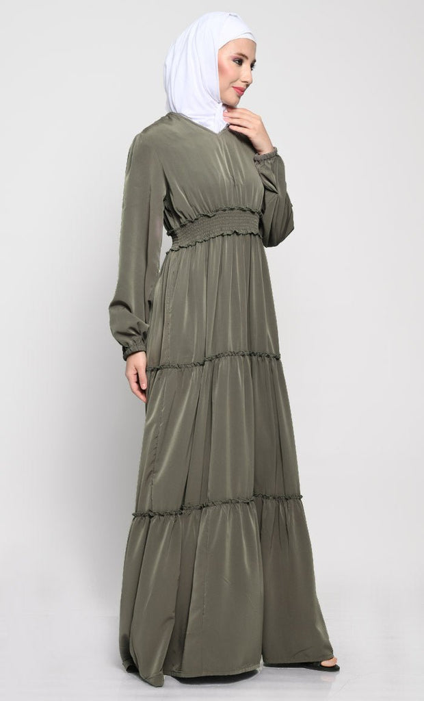 Elegant Korean Crepe Layered Abaya with V - Neck and Back Slit Opening - EastEssence.com