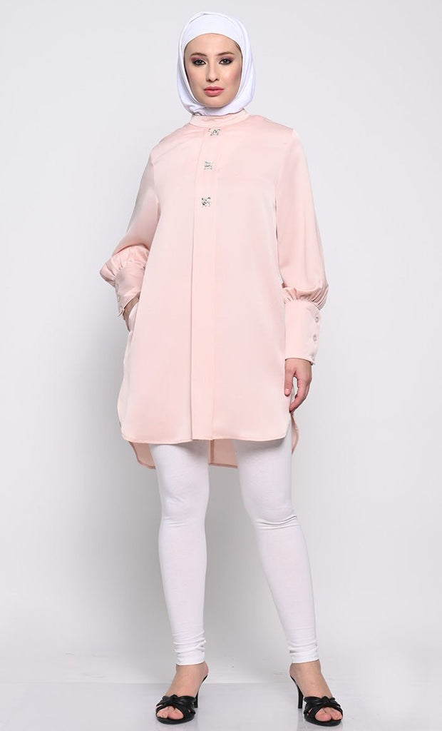 Elegant Korean Crepe Tunic with Crystal Button Embellishments - EastEssence.com