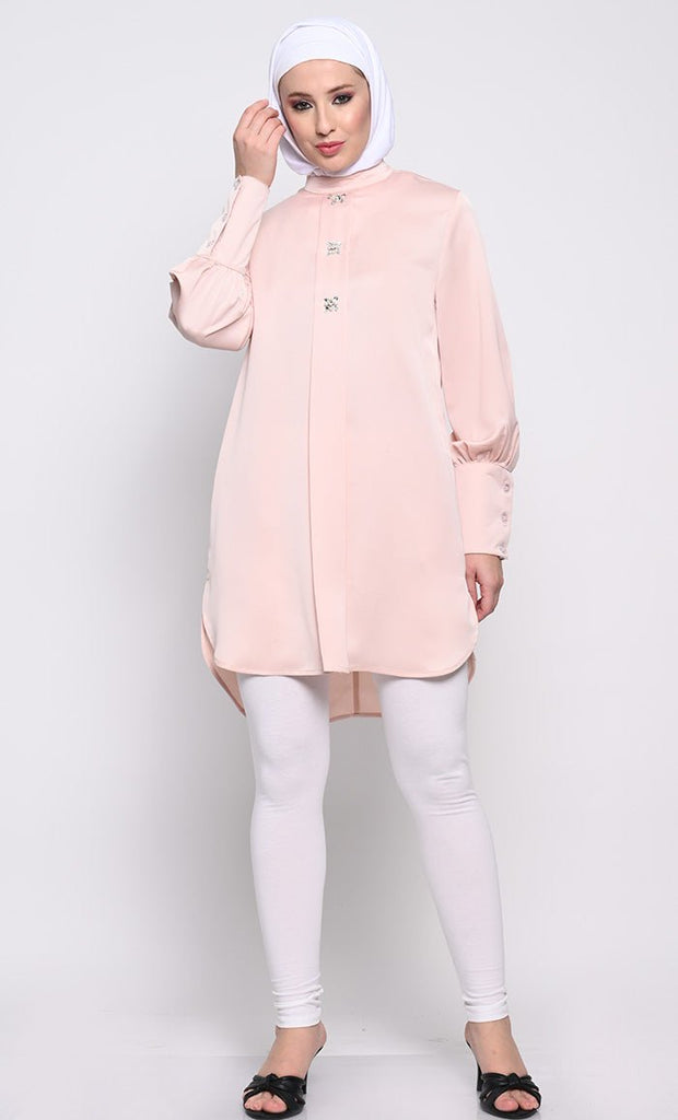 Elegant Korean Crepe Tunic with Crystal Button Embellishments - EastEssence.com