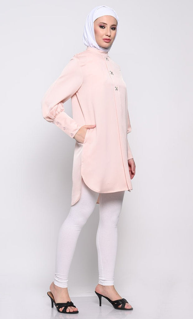 Elegant Korean Crepe Tunic with Crystal Button Embellishments - EastEssence.com