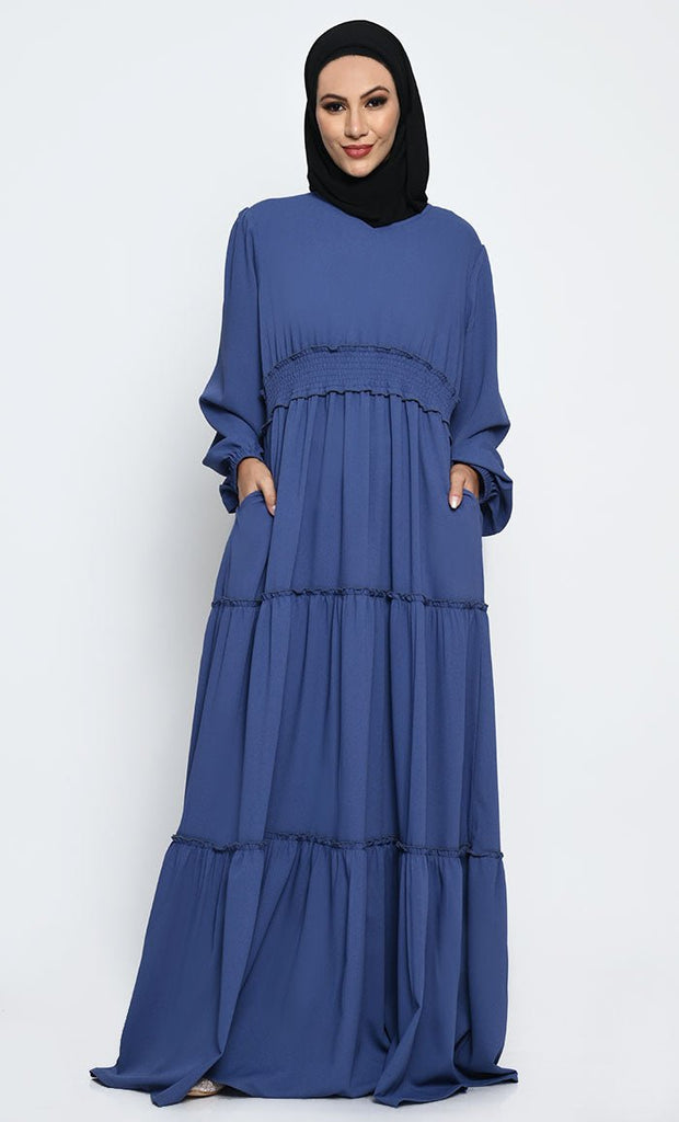 Elegant Korean Moss Crepe Layered Abaya with V - Neck and Crepe Lining - EastEssence.com