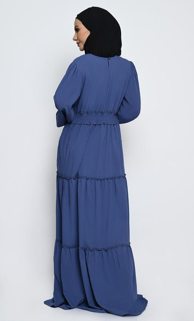 Elegant Korean Moss Crepe Layered Abaya with V - Neck and Crepe Lining - EastEssence.com