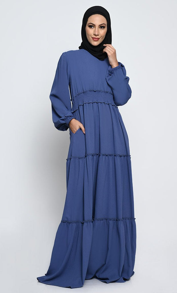 Elegant Korean Moss Crepe Layered Abaya with V - Neck and Crepe Lining - EastEssence.com