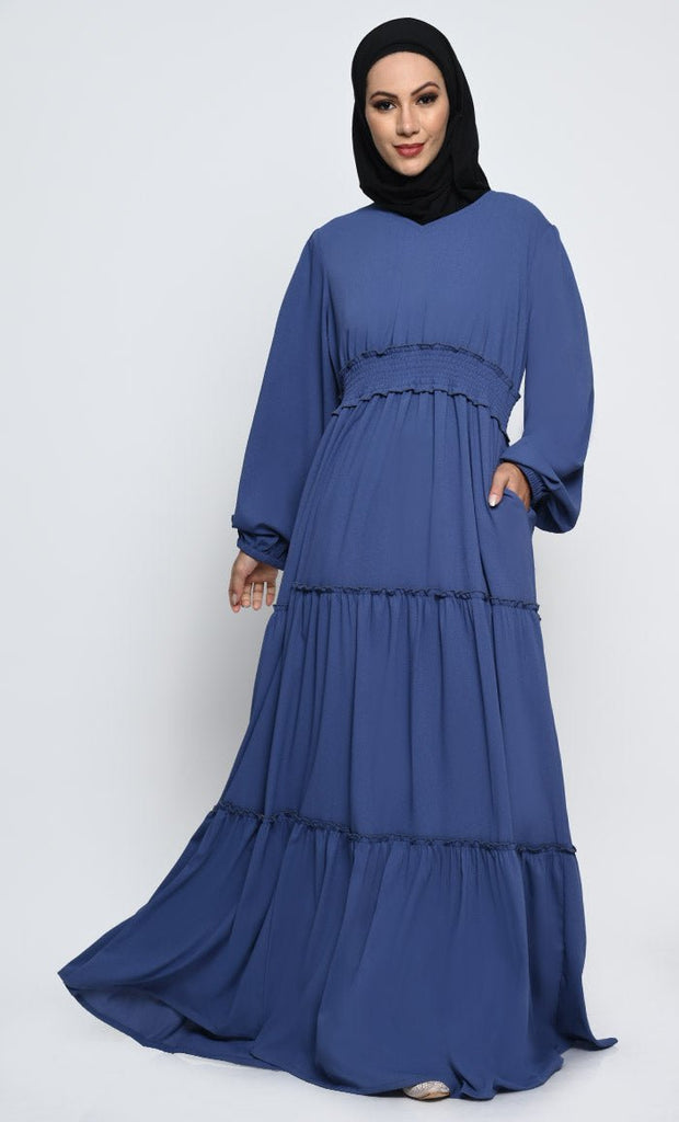 Elegant Korean Moss Crepe Layered Abaya with V - Neck and Crepe Lining - EastEssence.com