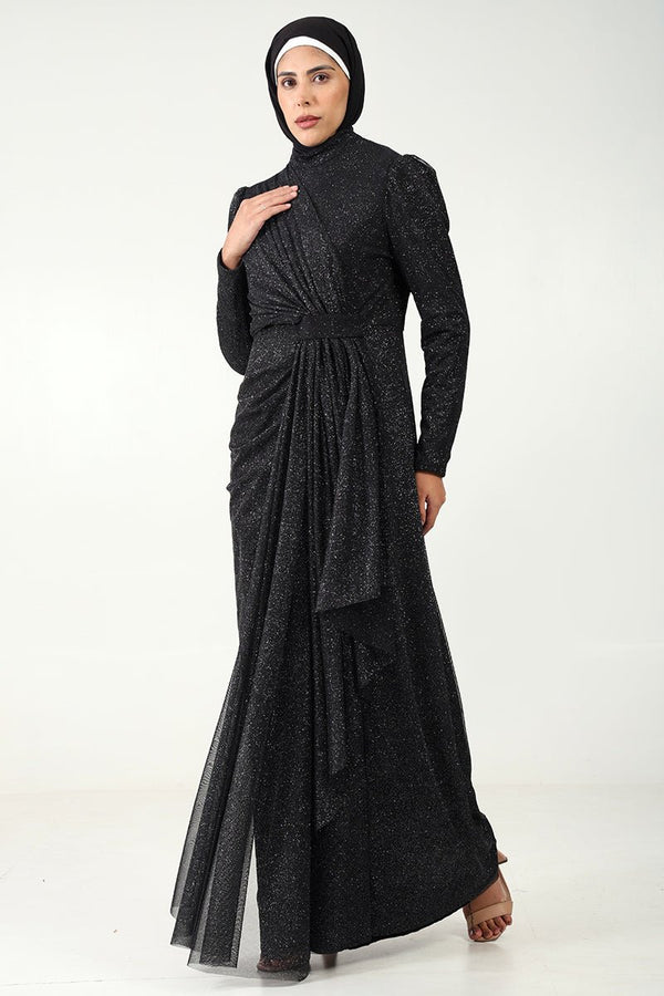 Elegant Korean Net & Knitted Lycra Abaya Dress with Pleated Drapes - EastEssence.com