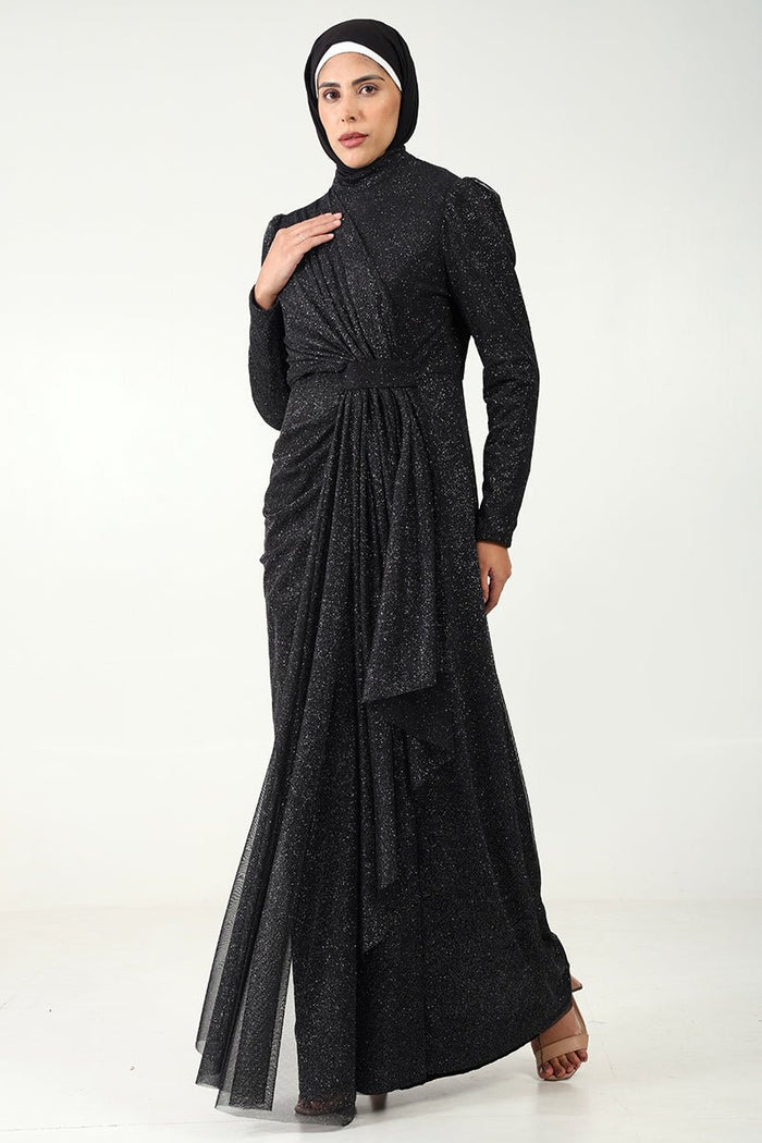 Elegant Korean Net & Knitted Lycra Abaya Dress with Pleated Drapes - EastEssence.com