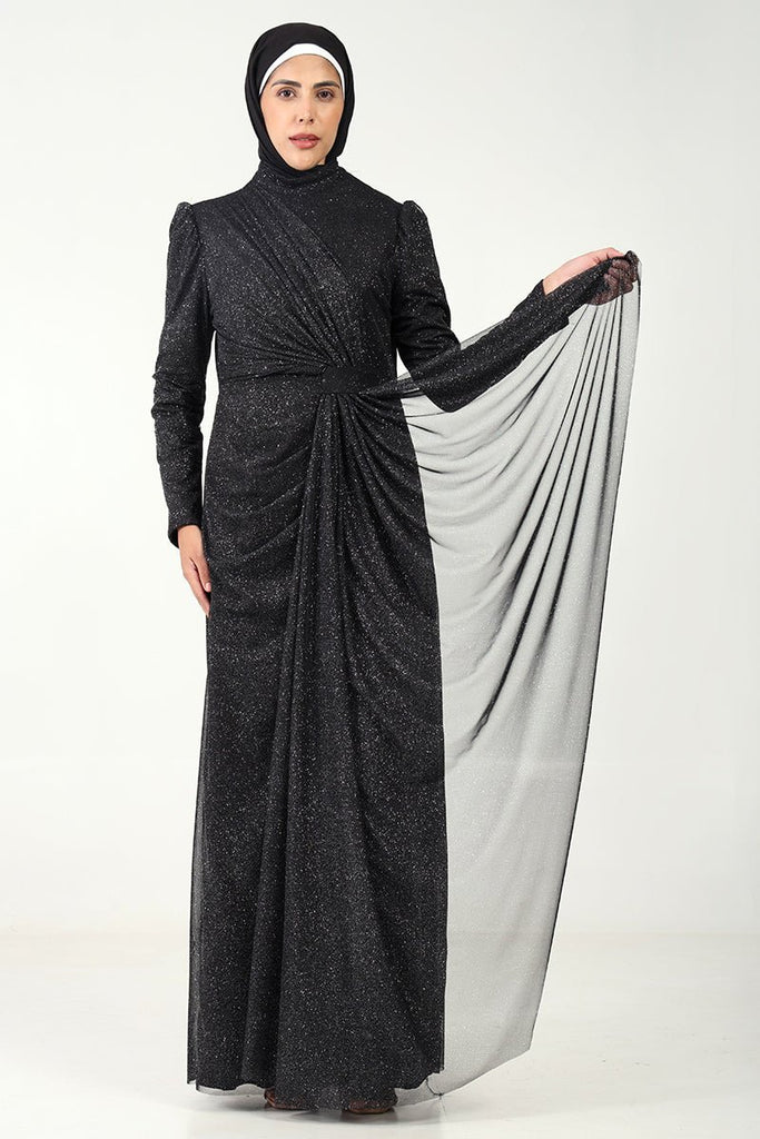 Elegant Korean Net & Knitted Lycra Abaya Dress with Pleated Drapes - EastEssence.com