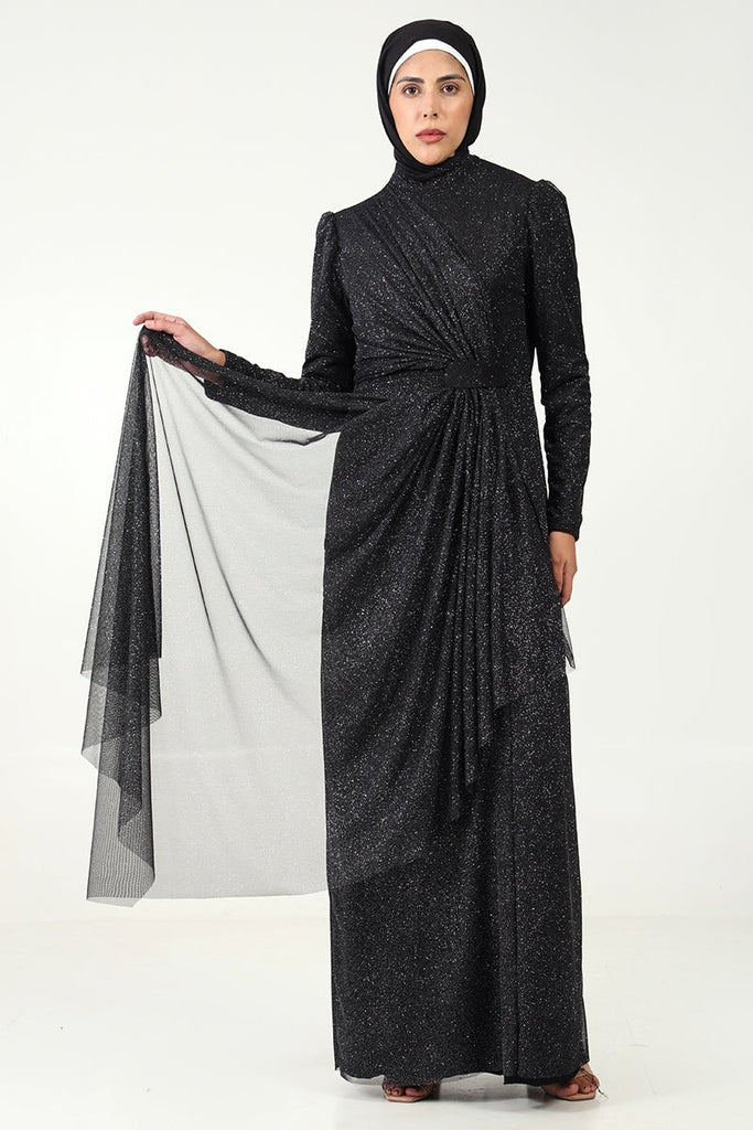 Elegant Korean Net & Knitted Lycra Abaya Dress with Pleated Drapes - EastEssence.com