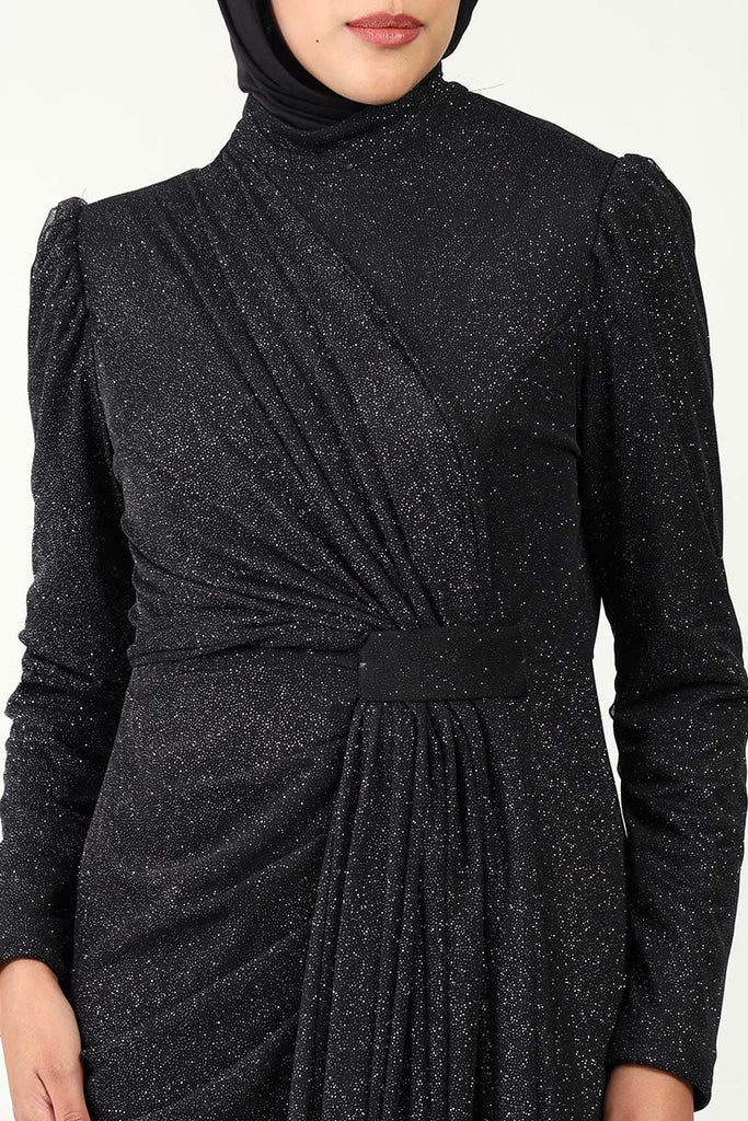 Elegant Korean Net & Knitted Lycra Abaya Dress with Pleated Drapes - EastEssence.com