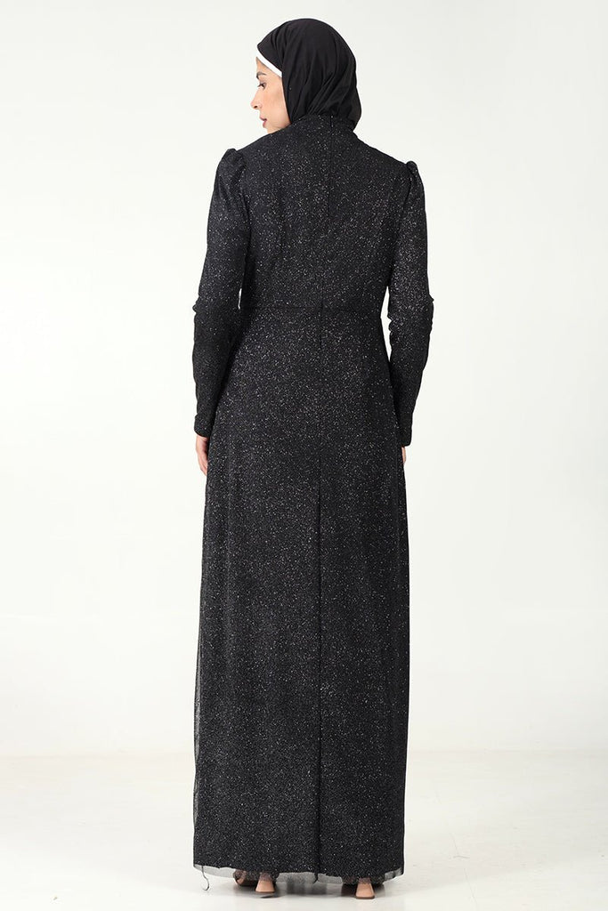 Elegant Korean Net & Knitted Lycra Abaya Dress with Pleated Drapes - EastEssence.com