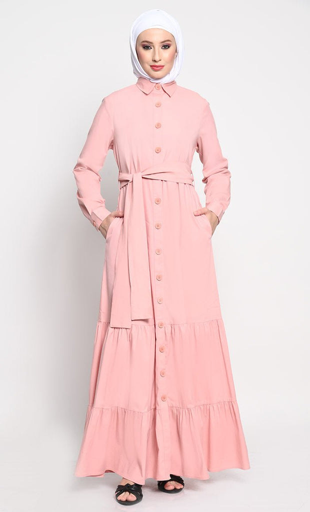 Elegant Korean Twill Fabric Abaya with Adjustable Belt and Pleated Bottom Panels - EastEssence.com