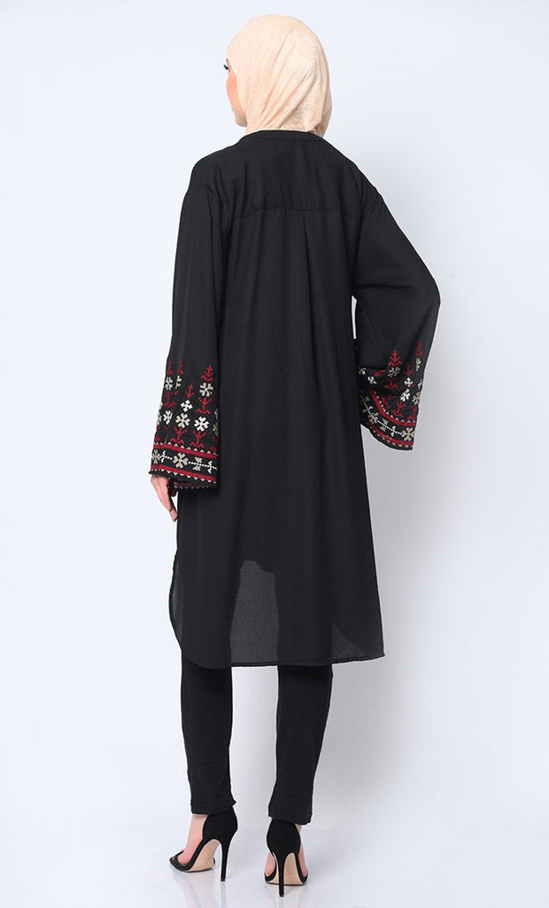 Elegant Machine - Embroidered Black Tunic with Flared Sleeves - EastEssence.com