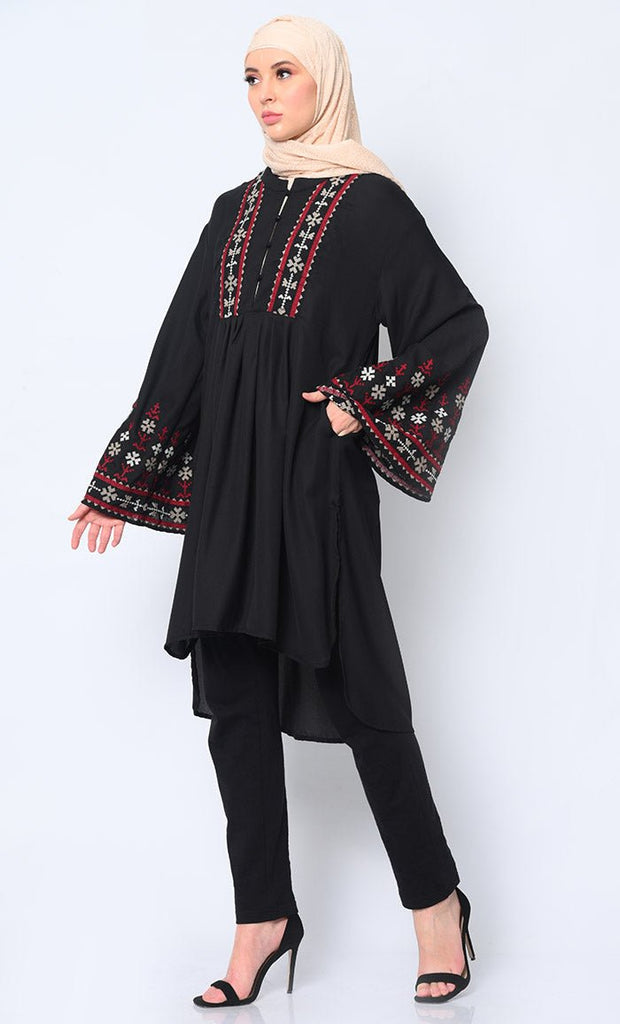 Elegant Machine - Embroidered Black Tunic with Flared Sleeves - EastEssence.com