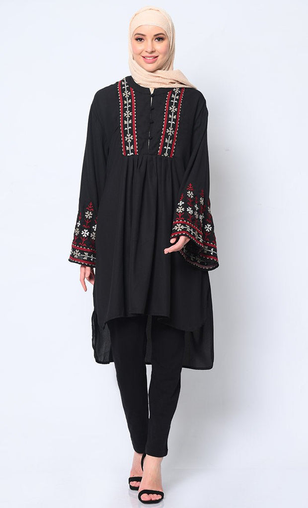 Elegant Machine - Embroidered Black Tunic with Flared Sleeves - EastEssence.com