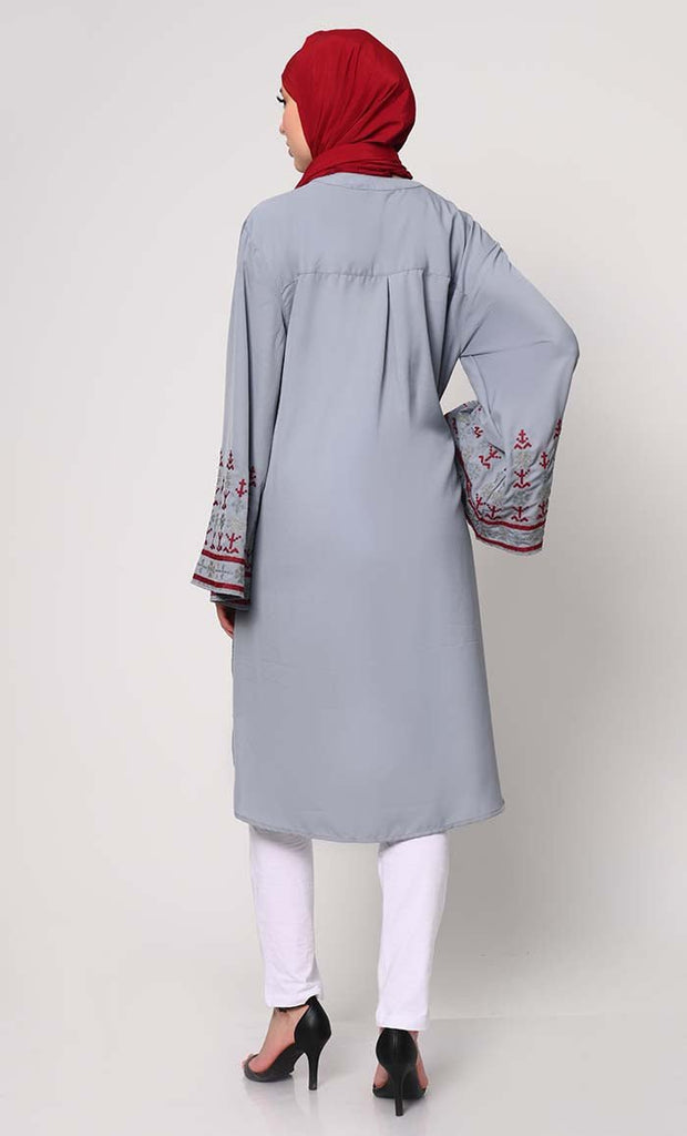 Elegant Machine - Embroidered Grey Tunic with Flared Sleeves - EastEssence.com