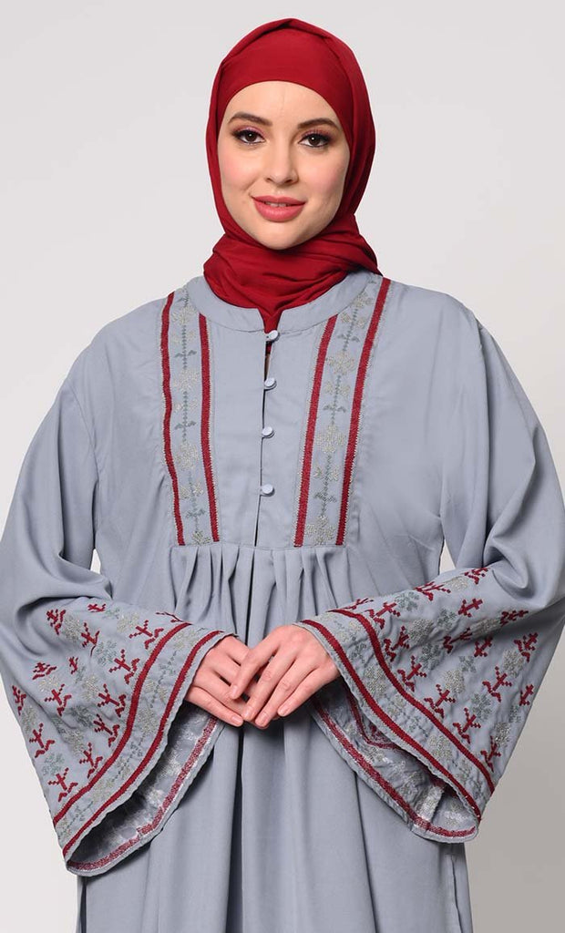 Elegant Machine - Embroidered Grey Tunic with Flared Sleeves - EastEssence.com