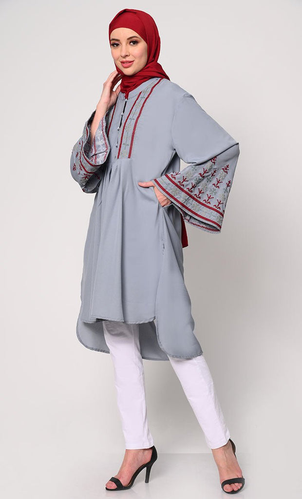 Elegant Machine - Embroidered Grey Tunic with Flared Sleeves - EastEssence.com