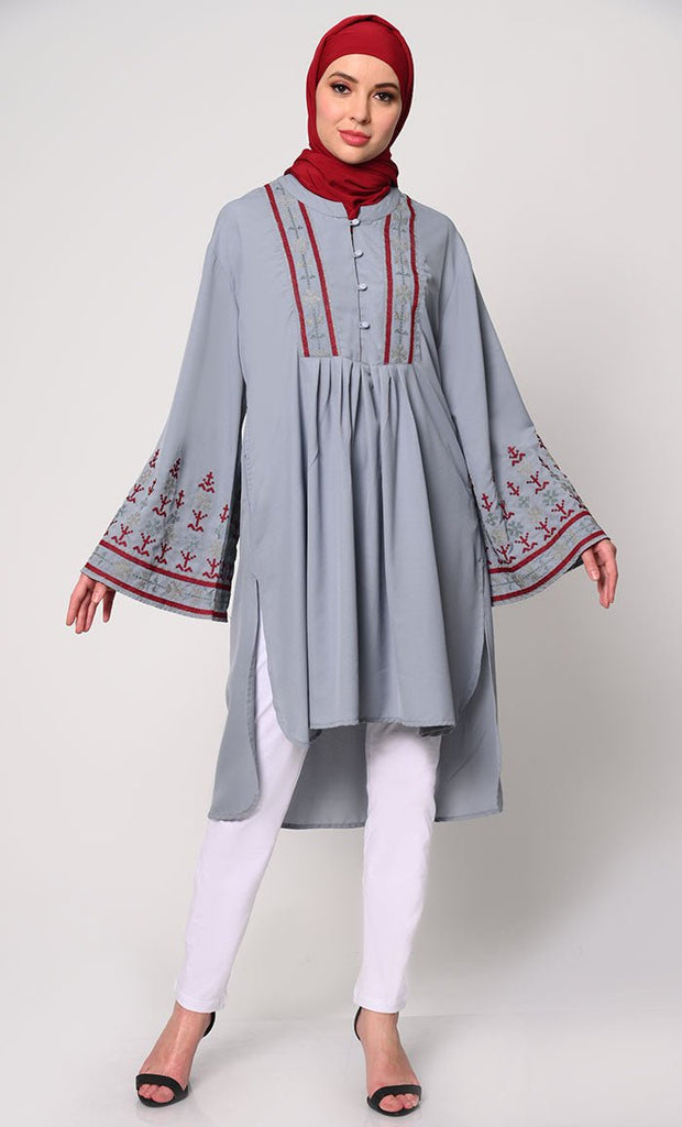 Elegant Machine - Embroidered Grey Tunic with Flared Sleeves - EastEssence.com