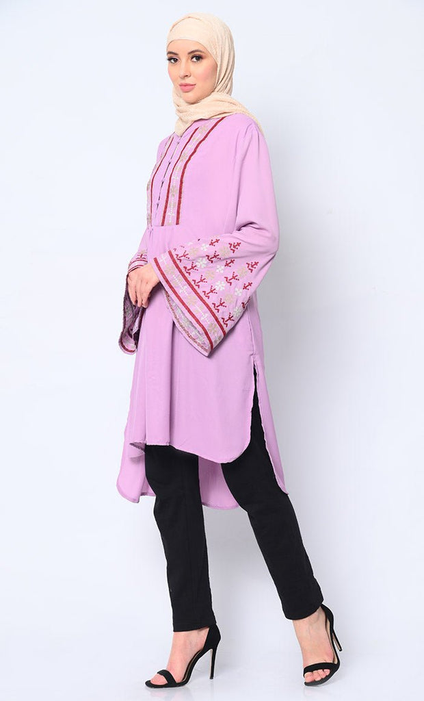 Elegant Machine - Embroidered Lavendar Tunic with Flared Sleeves - EastEssence.com