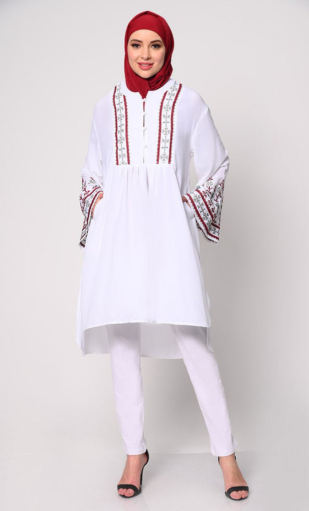 Elegant Machine - Embroidered White Tunic with Flared Sleeves - EastEssence.com