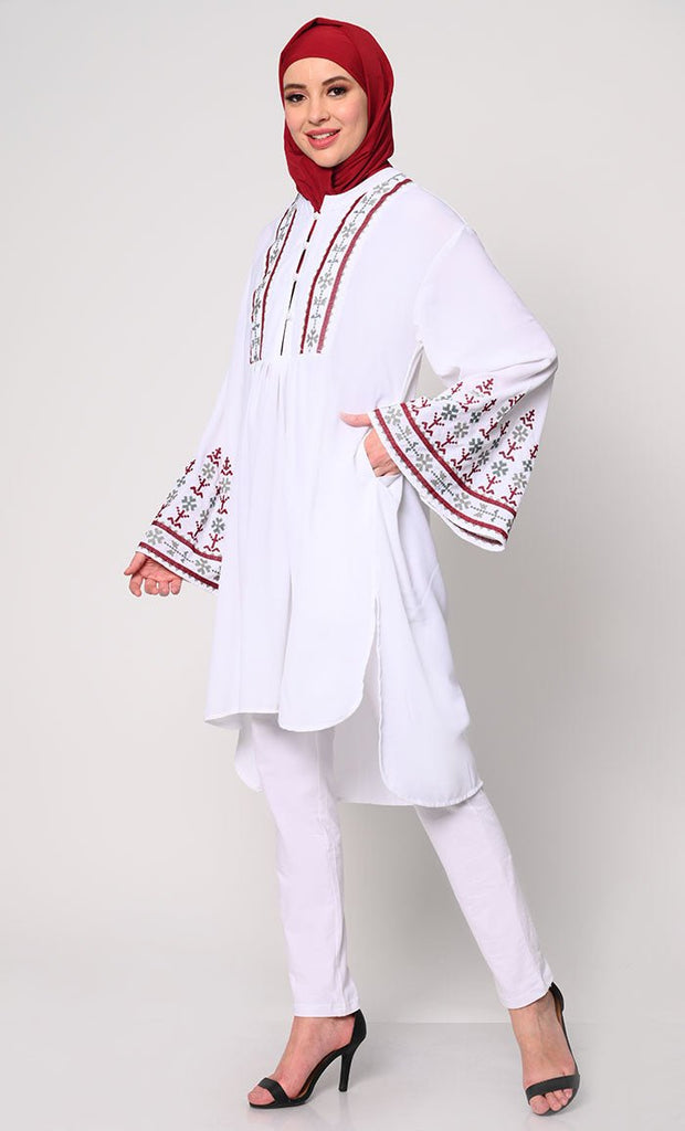 Elegant Machine - Embroidered White Tunic with Flared Sleeves - EastEssence.com