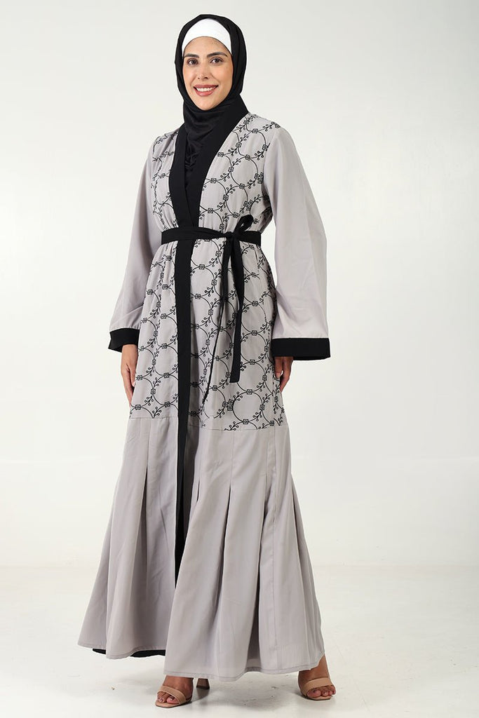 Elegant Nida 2 - Piece Abaya Dress with Embroidered Shrug - Grey - EastEssence.com