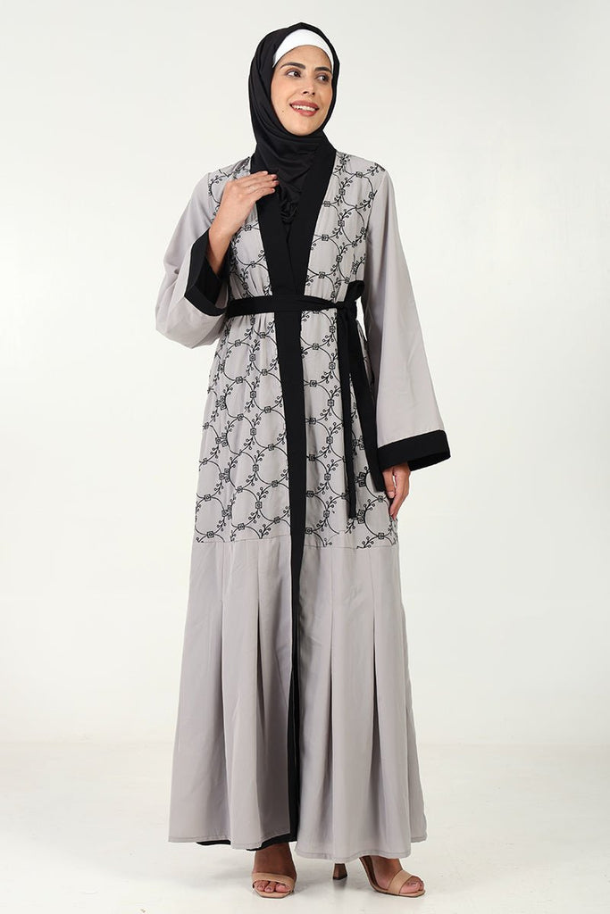 Elegant Nida 2 - Piece Abaya Dress with Embroidered Shrug - Grey - EastEssence.com