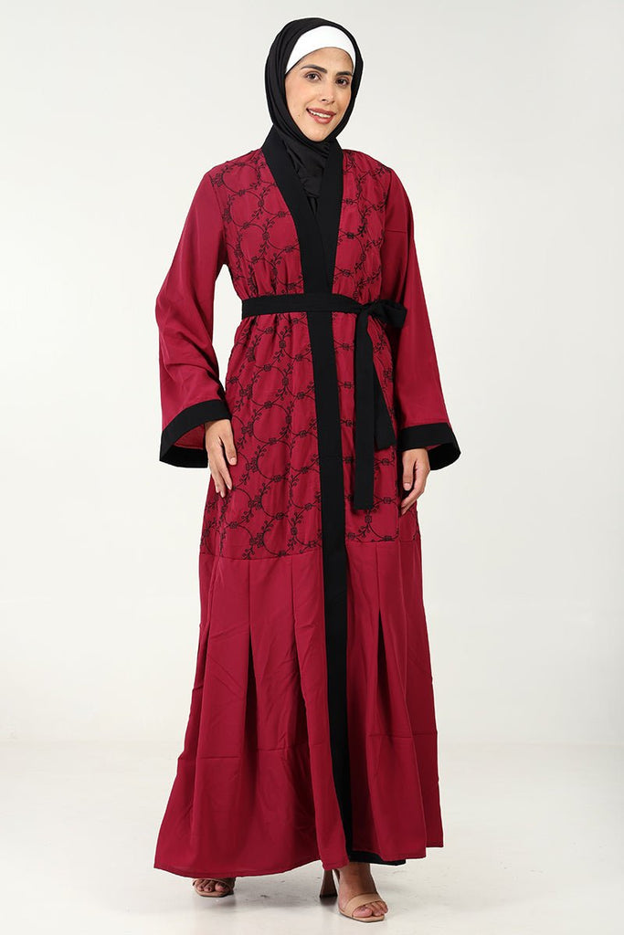 Elegant Nida 2 - Piece Abaya Dress with Embroidered Shrug - Maroon - EastEssence.com