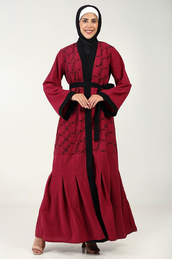 Elegant Nida 2 - Piece Abaya Dress with Embroidered Shrug - Maroon - EastEssence.com