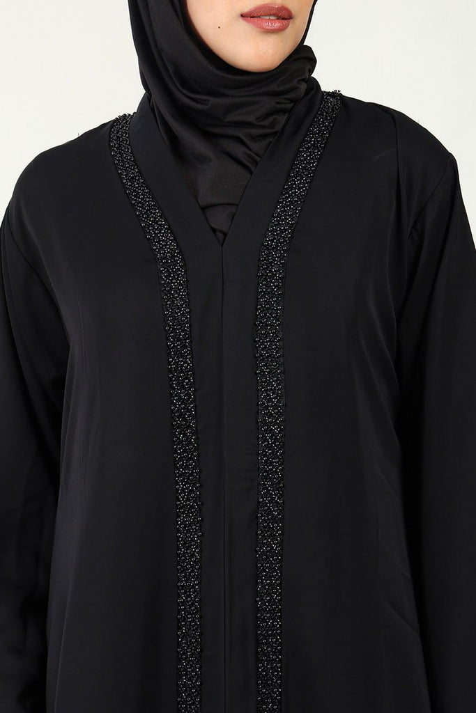 Elegant Nida Fabric A - Line Abaya with Black Bead Lace Detailing - EastEssence.com