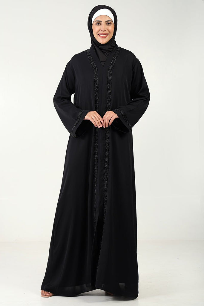 Elegant Nida Fabric A - Line Abaya with Black Bead Lace Detailing - EastEssence.com