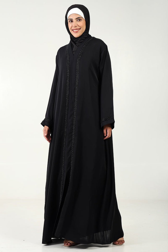 Elegant Nida Fabric A - Line Abaya with Black Bead Lace Detailing - EastEssence.com